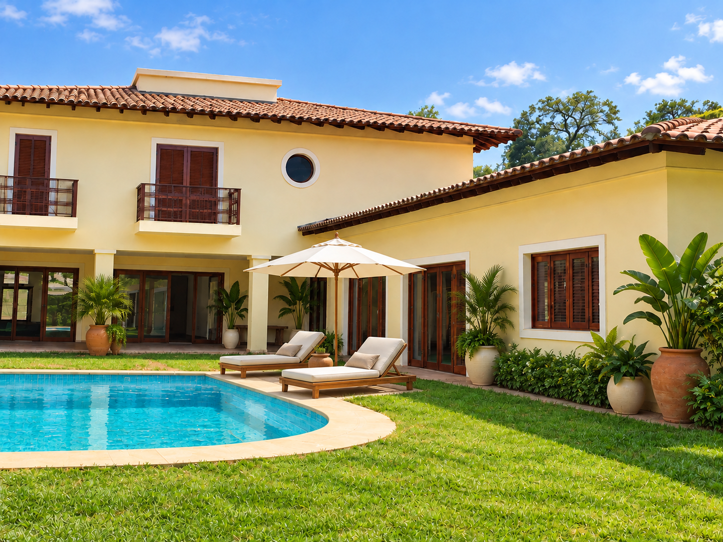 Residência com piscina, jardim com vasos, espreguiçadeiras e ombrelone